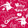 Merry Christmas and Happy New year doodle seamless pattern with Santa Claus, car, heart and cheerful text. Cute and lovely cartoon Royalty Free Stock Photo