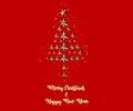 Merry Christmas and Happy New Year elegant greeting card with xmas pine tree 3d render made of gold stars. Luxury holiday party de