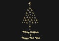 Merry Christmas and Happy New Year elegant greeting card with xmas pine tree 3d render made of gold stars. Luxury holiday party de