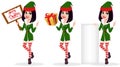 Merry Christmas and Happy New Year. Elf woman, set of three pose
