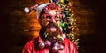 Merry Christmas and happy New Year. Excited santa decorating beard. Concept of santa man with toy Christmas balls in