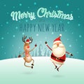 Merry Christmas and Happy New Year - Happy expresion of Santa Claus and Reindeer - they jumping straight up and bring their heels Royalty Free Stock Photo