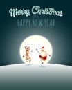 Merry Christmas and Happy New Year - Happy expresion of Santa Claus and Reindeer - winter landscape with blue moonlight Royalty Free Stock Photo