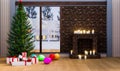 Merry christmas and happy new year festival, christmas tree and cristmas presents decoration in home at glass window in snowy day