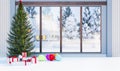Merry christmas and happy new year festival, christmas tree and cristmas presents decoration in home at glass window in snowy day