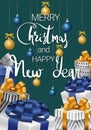 Merry Christmas and Happy New Year. Festive card with gifts