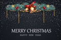 Merry Christmas. Happy New Year. Festive Christmas Design template with pine tree branches, garland, jingle bell, holly berry for Royalty Free Stock Photo