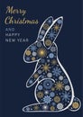 Merry Christmas and Happy New Year festive design for greeting cards. Rabbit made of beautiful snowflakes in modern line art style Royalty Free Stock Photo