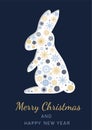 Merry Christmas and Happy New Year festive design for greeting cards. Rabbit in paper cut style with beautiful snowflakes on dark Royalty Free Stock Photo