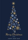 Merry Christmas and Happy New Year festive design for greeting cards. New year tree made of beautiful snowflakes in modern line Royalty Free Stock Photo
