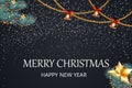 Merry Christmas. Happy New Year. Festive Christmas Design template with pine tree branches, garland, jingle bell, holly berry for Royalty Free Stock Photo