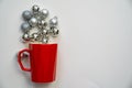merry christmas and happy new year, festive red cup mug with silver sparkly baubles, imitation hot drink with steam