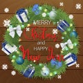 Merry Christmas and a happy new year. A festive wreath made of coniferous branches and Christmas decorations. Christmas wreath on Royalty Free Stock Photo