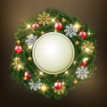 Merry Christmas Happy New Year fir tree wreath with decorations and bllank banner, vector illustration Royalty Free Stock Photo