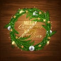 Merry Christmas Happy New Year fir tree wreath with decorative balls, vector illustration Royalty Free Stock Photo