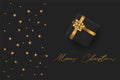 Merry Christmas and Happy New Year flyer or poster background. Gold and silver fir tree braches and black gift box. Simple style g Royalty Free Stock Photo
