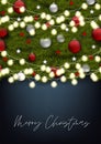 Merry Christmas and Happy New Year flyer or poster. Green fir tree branches with decor and glowing lights garland over blue backgr Royalty Free Stock Photo