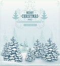Merry Christmas and Happy New Year forest winter landscape with snowfall and spruces vintage vector