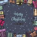Merry Christmas and Happy New Year. Frame made of gifts. Hand drawn. Royalty Free Stock Photo