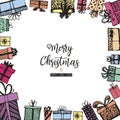 Merry Christmas and Happy New Year. Frame made of gifts. Hand drawn. Royalty Free Stock Photo