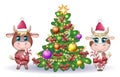 Merry Christmas and Happy New year. Funny cow in red hat with gift in cartoon style. Greeting card Royalty Free Stock Photo