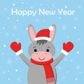 Merry Christmas and Happy New year Funny donkey in red hat cartoon style. Greeting card Royalty Free Stock Photo