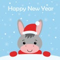 Merry Christmas and Happy New year Funny donkey in red hat cartoon style. Greeting card Royalty Free Stock Photo