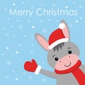 Merry Christmas and Happy New year Funny donkey in red hat cartoon style. Greeting card. Royalty Free Stock Photo