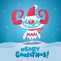 Merry Christmas and Happy new year funny poster with cute monster. Vector illustration