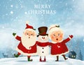 Merry Christmas. Happy new year. Funny Santa Claus with cute Mrs. Claus, snowman in Christmas snow scene winter Royalty Free Stock Photo