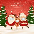 Merry Christmas. Happy new year. Funny Santa Claus with cute Mrs. Claus, red-nosed Reindeer Wearing Medical Face Mask in Royalty Free Stock Photo