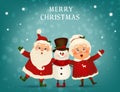 Merry Christmas. Happy new year. Funny Santa Claus with cute Mrs. Claus, snowman in Christmas snow scene winter Royalty Free Stock Photo