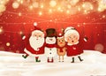 Merry Christmas. Happy new year. Funny Santa Claus with Mrs. Claus, red-nosed Reindeer, snowman in Christmas snow scene Royalty Free Stock Photo