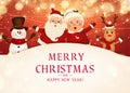 Merry Christmas. Happy new year. Funny Santa Claus with Mrs. Claus, red-nosed Reindeer, snowman in Christmas snow scene winter Royalty Free Stock Photo