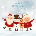 Merry Christmas. Happy new year. Funny Santa Claus with Mrs. Claus, red-nosed Reindeer, snowman in Christmas snow scene winter Royalty Free Stock Photo