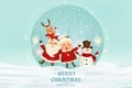 Merry Christmas. Happy new year. Funny Santa Claus with Mrs. Claus, red-nosed Reindeer, snowman in Christmas snow scene winter Royalty Free Stock Photo