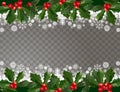 Merry Christmas and Happy New Year garland pattern border with holly berries and snowflakes on transparent background. Royalty Free Stock Photo