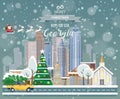 Merry Christmas and Happy New Year in Georgia. Greeting festive card from the USA. Winter snowing city with cute cozy houses