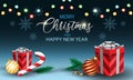 Merry Christmas and Happy New Year Gift box on blue with text design for holiday festival celebration vector background Royalty Free Stock Photo