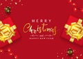 Merry Christmas and Happy New Year. Gift box decor gold ribbon-bow and decoration with light, Christmas ball, confetti on a red. Royalty Free Stock Photo