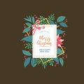 Merry christmas tree gift card with leaf around as a frame