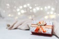Merry Christmas and happy new year gift. Glowing snow bokeh. Winter holidays on white background