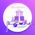 Merry Christmas and Happy New Year. Gifts with a candle and ornaments in blue and purple background