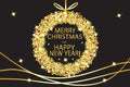 Merry christmas and happy new year glowing gold wreath background