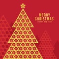 Merry Christmas and happy New year - Gold bamboo weaving to christmas tree with snow sign and star above on red background vector Royalty Free Stock Photo