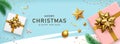 Merry Christmas and happy new year gold bow ribbon gift box banners design on blue background Royalty Free Stock Photo