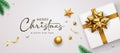 Merry Christmas and happy new year gold bow ribbon gift box banners design Royalty Free Stock Photo