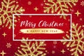 Merry Christmas and Happy New Year gold greeting card template. Hand drawn stylized snowflakes with golden glitter effect on red Royalty Free Stock Photo