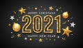 2021 Merry christmas and Happy New Year, gold neon light banner design Royalty Free Stock Photo