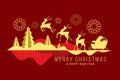 Merry christmas and happy new year - gold Santa Claus Rides Reindeer Sleigh to flying on christmas night on red background vector